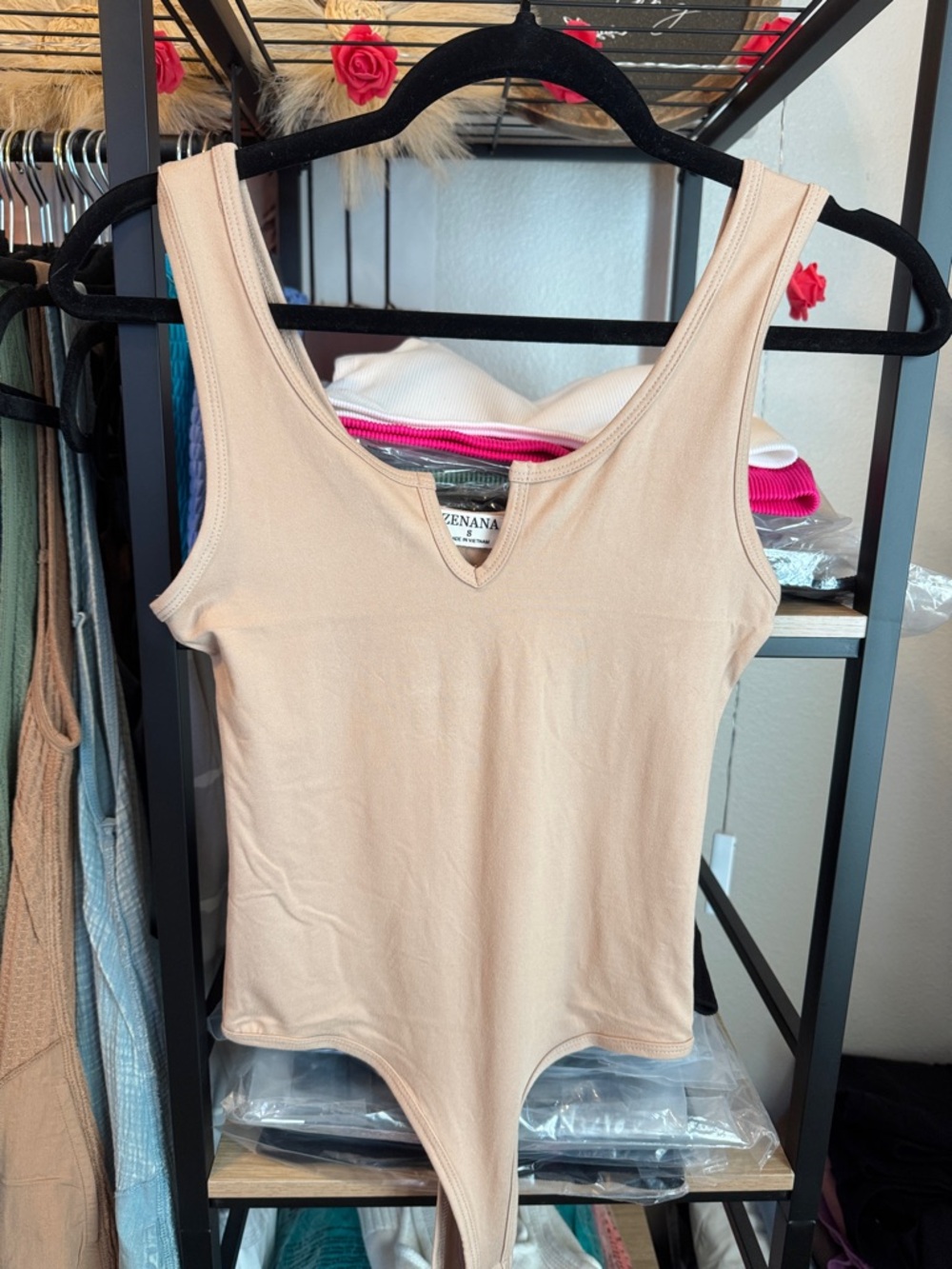 Zenana Outfitters Sleeveless V-Neck Bodysuit in Beige